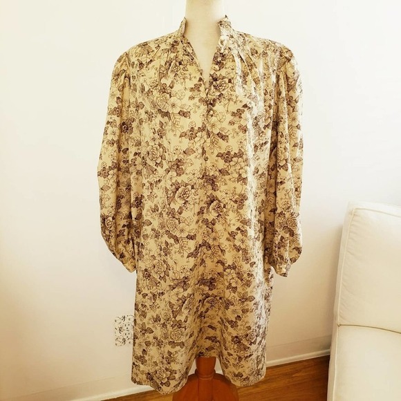 Vintage Tunic Dress Flowy Floral Cream & Brown / Size Large - Picture 3 of 4